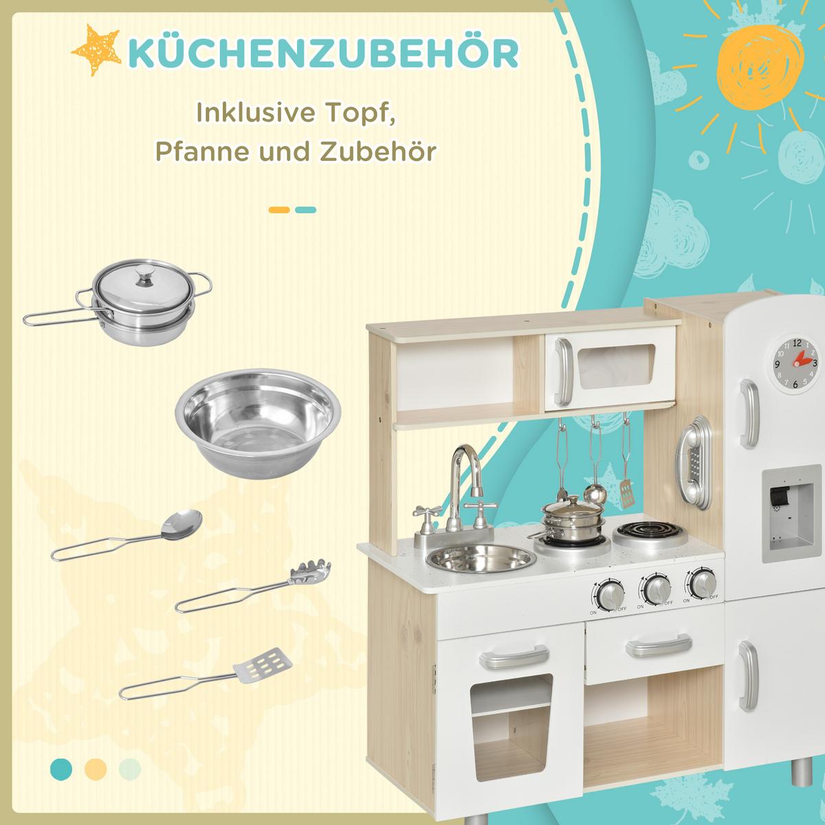 KINDERKÜCHE mit Zubehör Traumküche Spielküche Spielzeugküche Kiefer MDF Weiß - Weiß, Holzwerkstoff (74/30/81cm) - HOMCOM