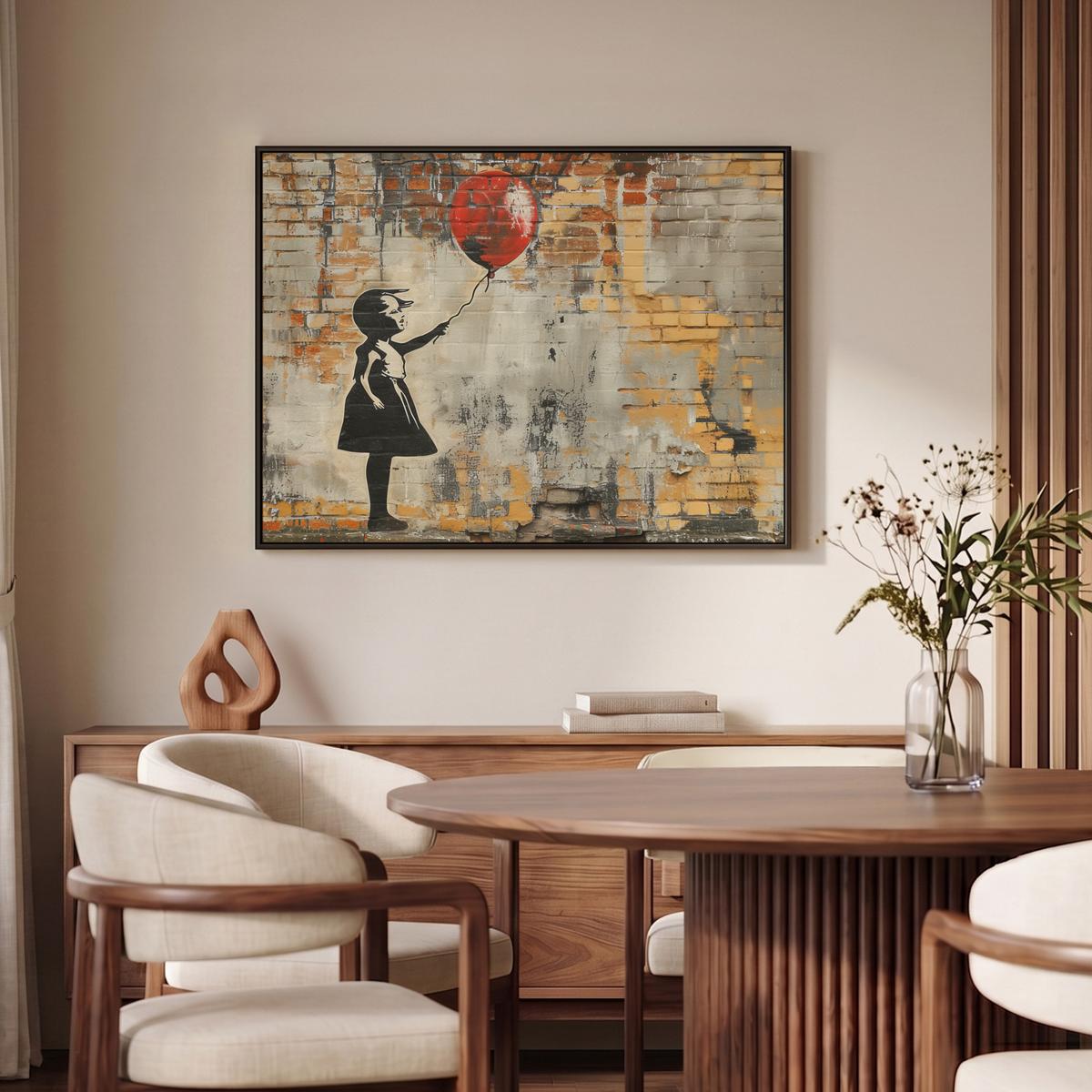 LEINWAND Bilder mit Rahmen - Graffiti - Banksy - Mädchen - Straßenkunst - 100x70 - Sandfarben, Textil (100/70cm) - MuchoWow