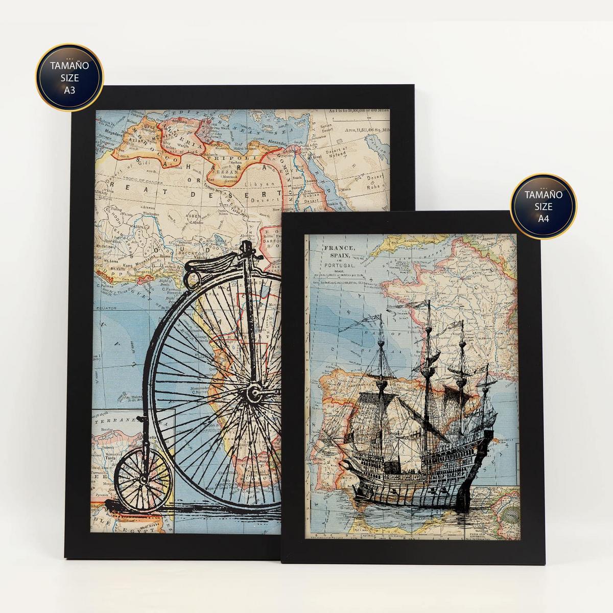 POSTER Set Mit 6 Vintage Karten Topografische Karten Im Retro Stil Von Europa, Afrika Und Spanien In Dezenten Farben A3 & A4 Schwarzer Rahmen - Schwarz, Papier (29/3cm) - Nacnic