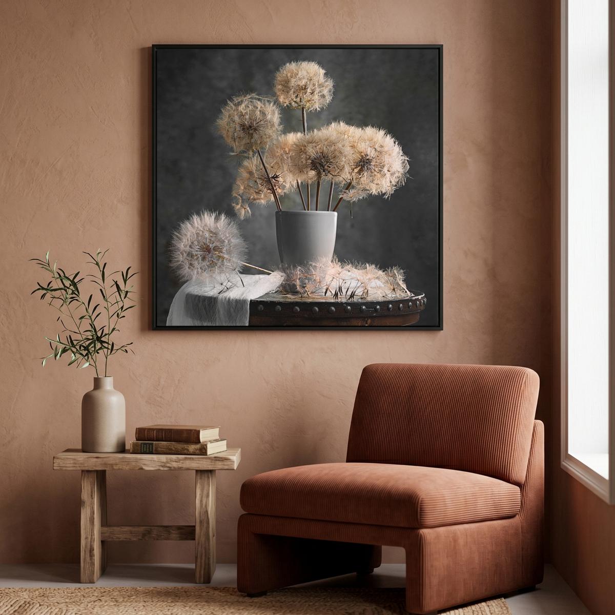 LEINWAND Bilder mit Rahmen - Blumensamen - Löwenzahn - Vase - Stilleben - Blumenstrauß - 90x90 - Dunkelgrau, Textil (90/90cm) - MuchoWow