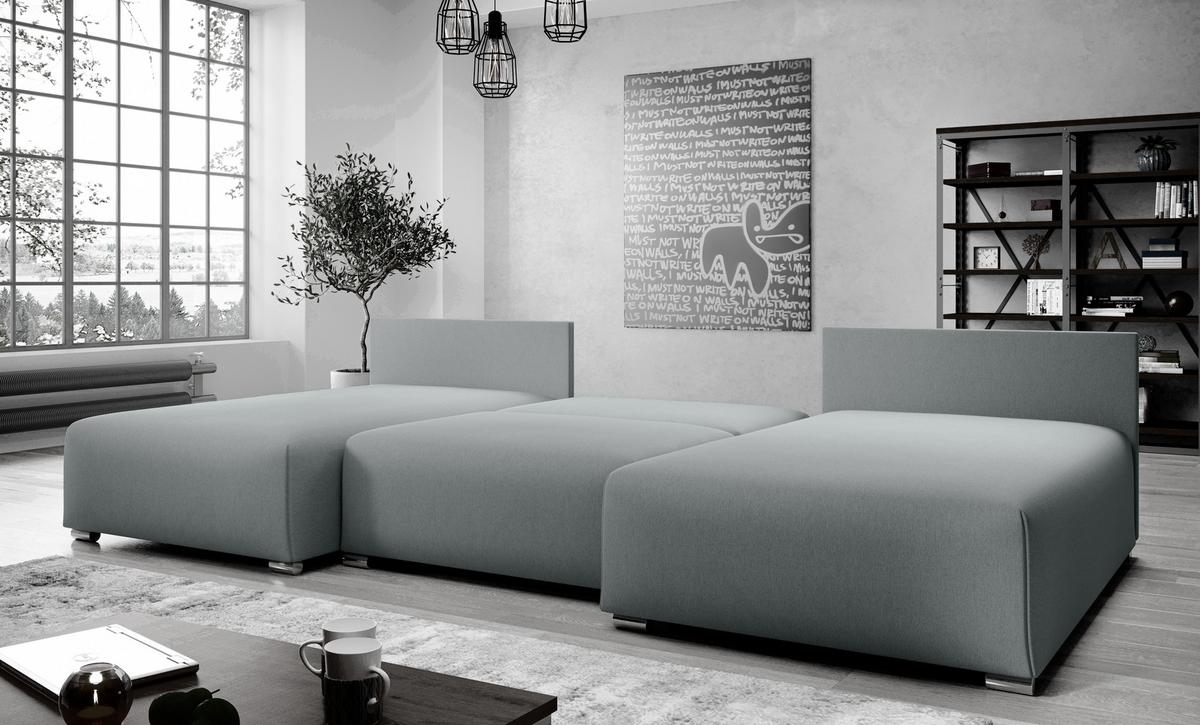 WOHNLANDSCHAFT Ederra U Hellgrau Stoff 300/190/91 cm – großes Sofa mit Schlaffunktion - Silberfarben/Hellgrau, Textil/Metall (300/91/190cm) - AX Living