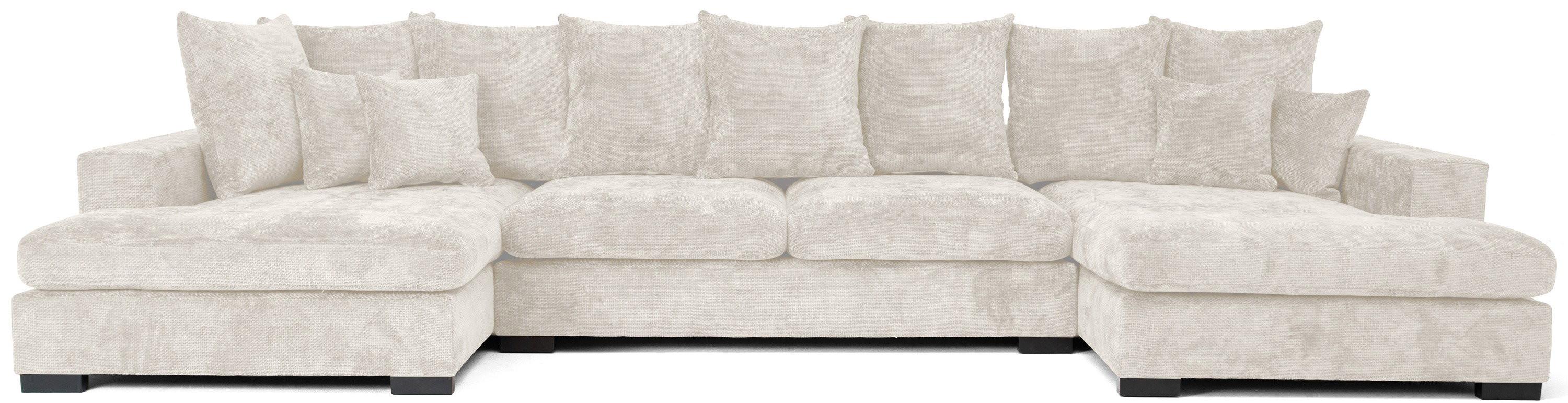 WOHNLANDSCHAFT Dahlia mit Schlaffunktion und Bettkasten in U-Form - Creme Chenille 373/92/155 cm - Creme/Schwarz, Kunststoff/Textil (373/92/155cm) - WFL GROUP