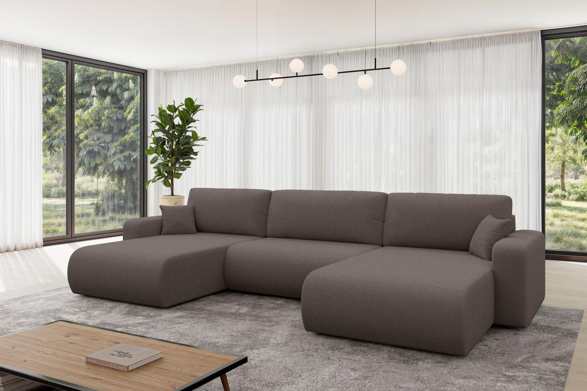WOHNLANDSCHAFT mit Schlaffunktion und Bettkasten BERY-U 377x193x88 Braun Bouclé - Schwarz/Braun, Holzwerkstoff/Kunststoff (377/88/193cm) - ALTDECOR