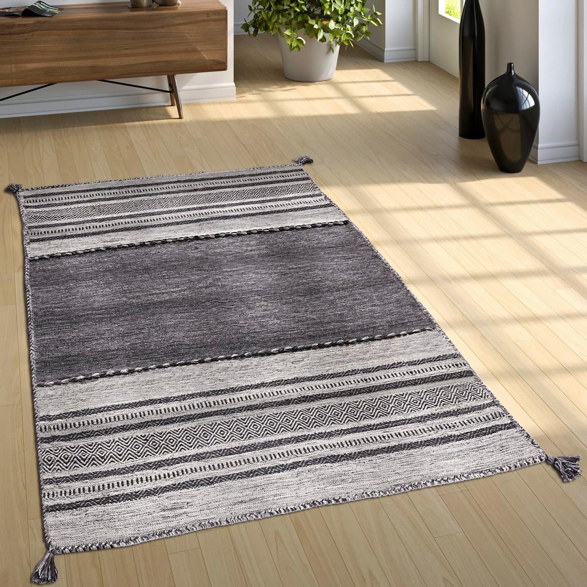 BAUMWOLLTEPPICH handgewebt wendbar, im Boho-Stil, Grau, 160 x 220 cm - Grau, Textil (220/160cm) - KADIMA DESIGN
