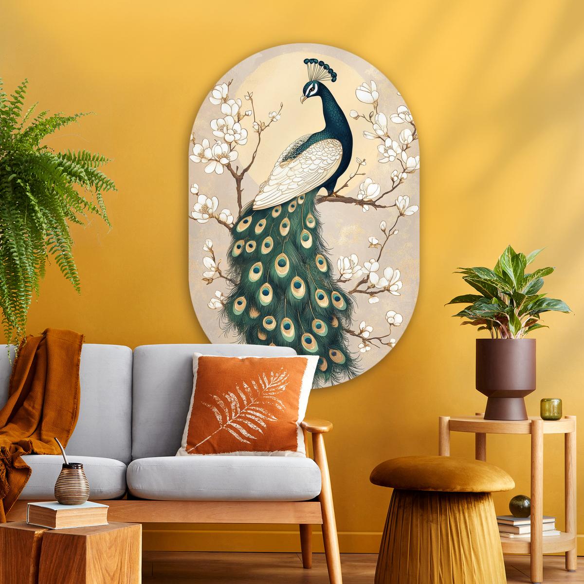 WANDBILD Pfau - Zweig - Blumen Deko Groß 80x120 cm - Champagner, Kunststoff (80/120cm) - MuchoWow