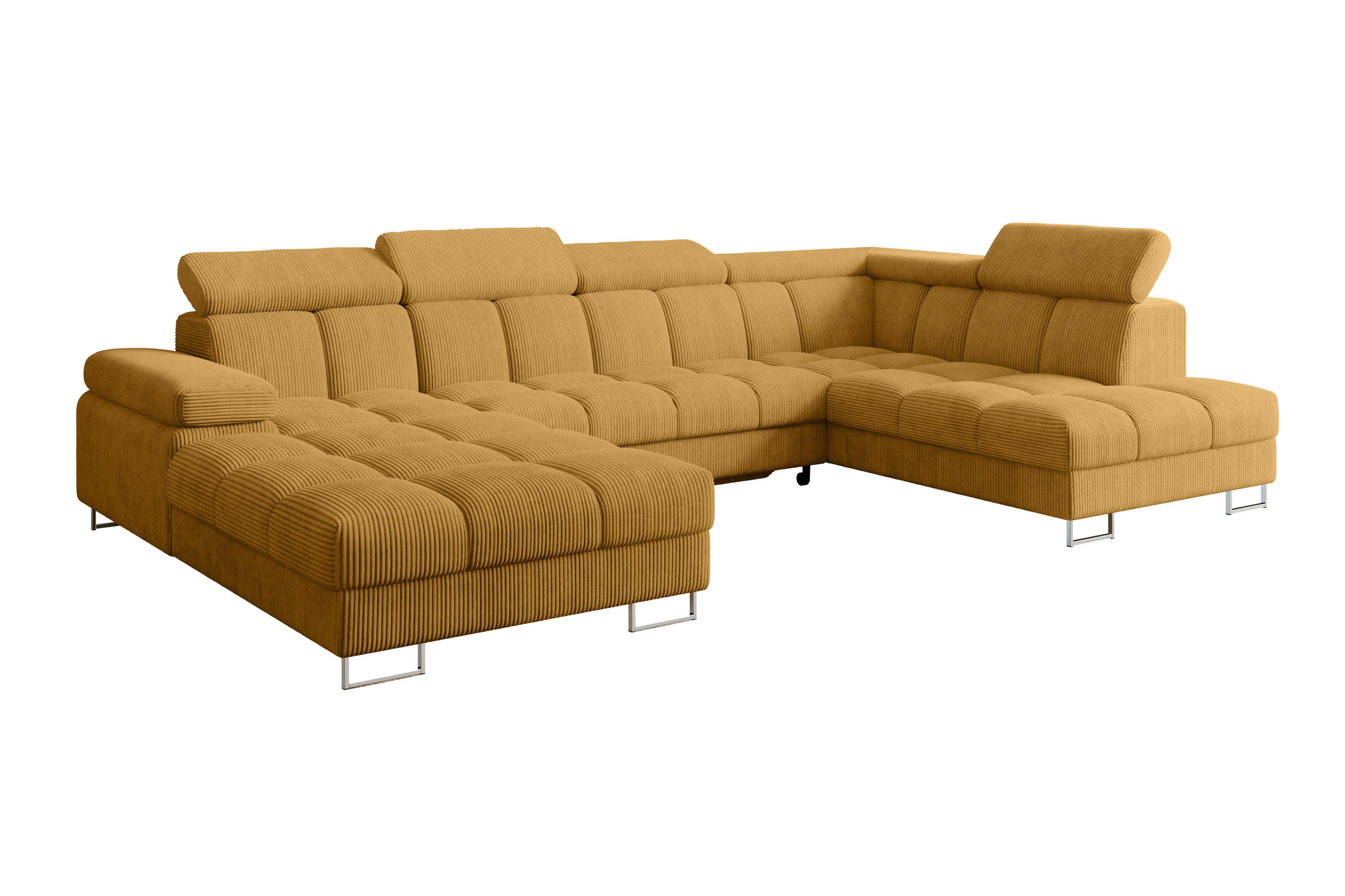 WOHNLANDSCHAFT mit Schlaffunktion und Bettkasten Ottomane RECHTS COMA U 345x203x79 Senfgelb Cord - Honig, Holzwerkstoff/Textil (203/79/345cm) - ALTDECOR