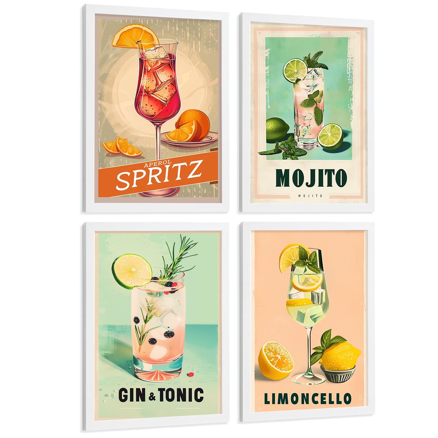 POSTER 4er Set Cocktail-Wandbilder Mojito Gin Tonic und Limoncello Vintage Retro Küche Bar Deko Weißer Rahmen A4 - Weiß, Papier (29.7/1/21cm) - Nacnic
