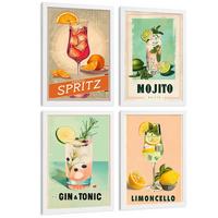 POSTER 4er Set Cocktail-Wandbilder Mojito Gin Tonic und Limoncello Vintage Retro Küche Bar Deko Weißer Rahmen A4 - Weiß, Papier (29.7/1/21cm) - Nacnic