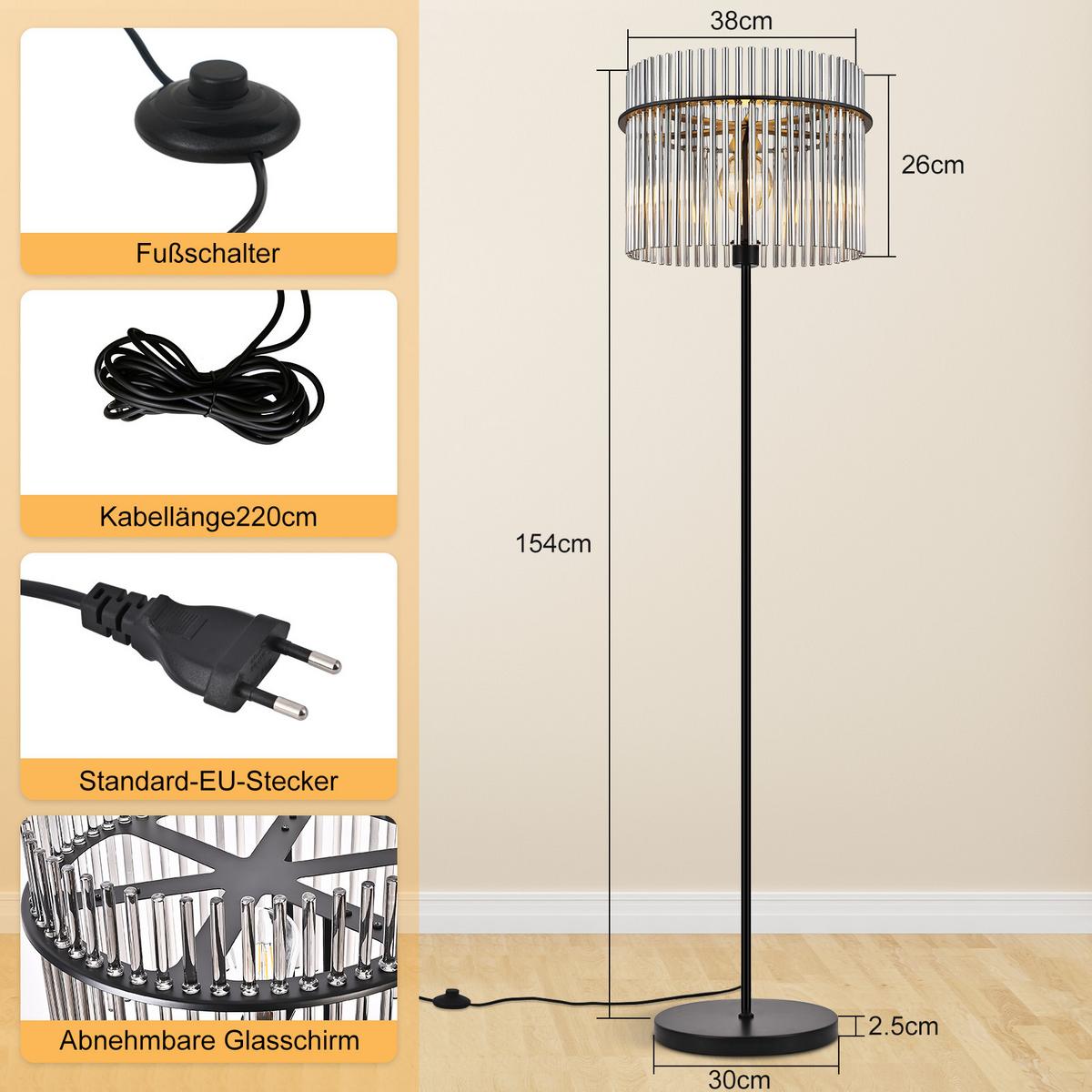 STEHLAMPE Lumistad 38/30/154 cm - Schwarz, Glas/Metall (38/30/154cm) - ZMH