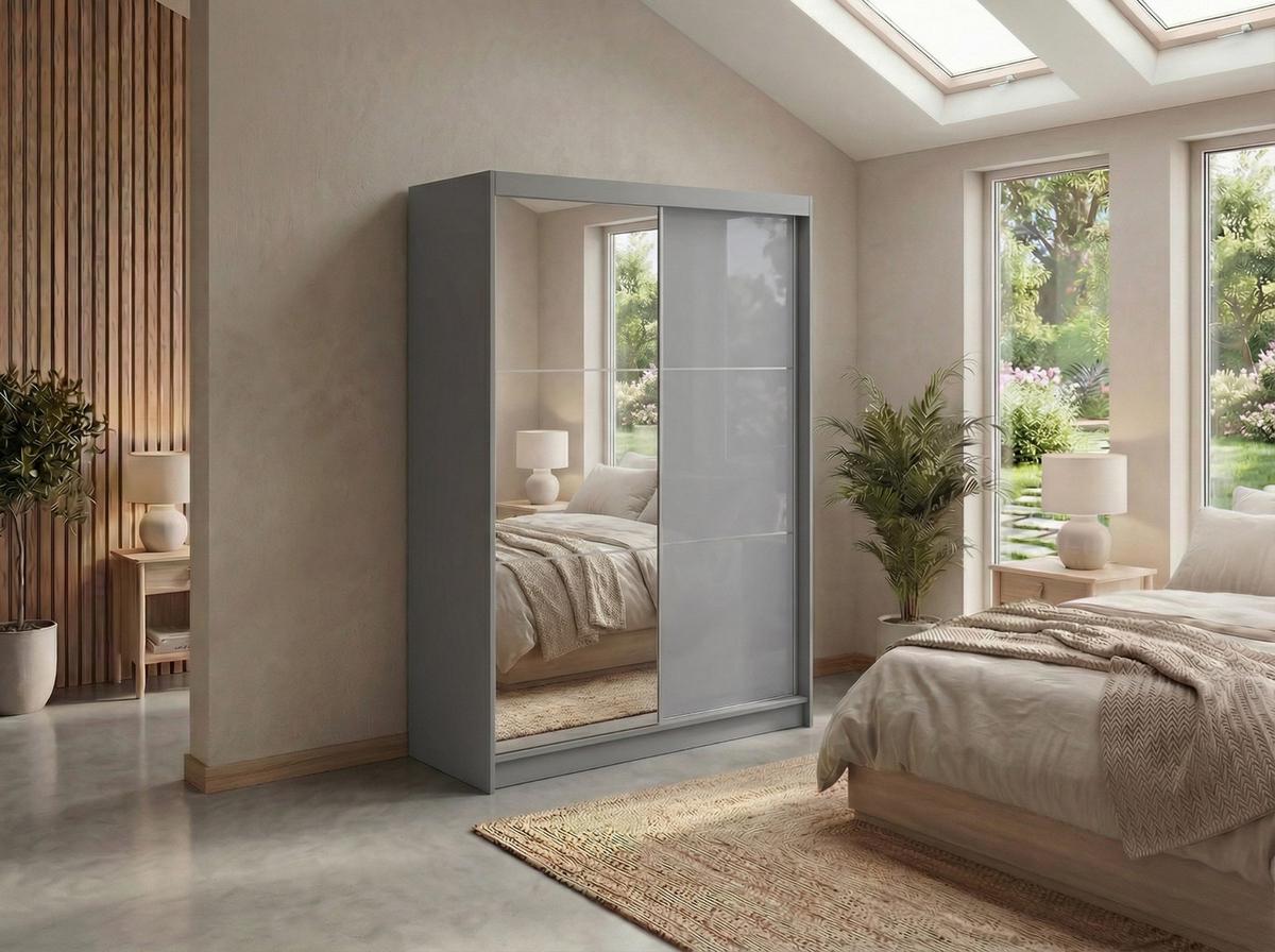 SCHWEBETÜRENSCHRANK mit Spiegel - WALENCJA - 150 - Grau lacobel - Alufarben/Grau, Holzwerkstoff/Metall (150/216/61cm) - MKS