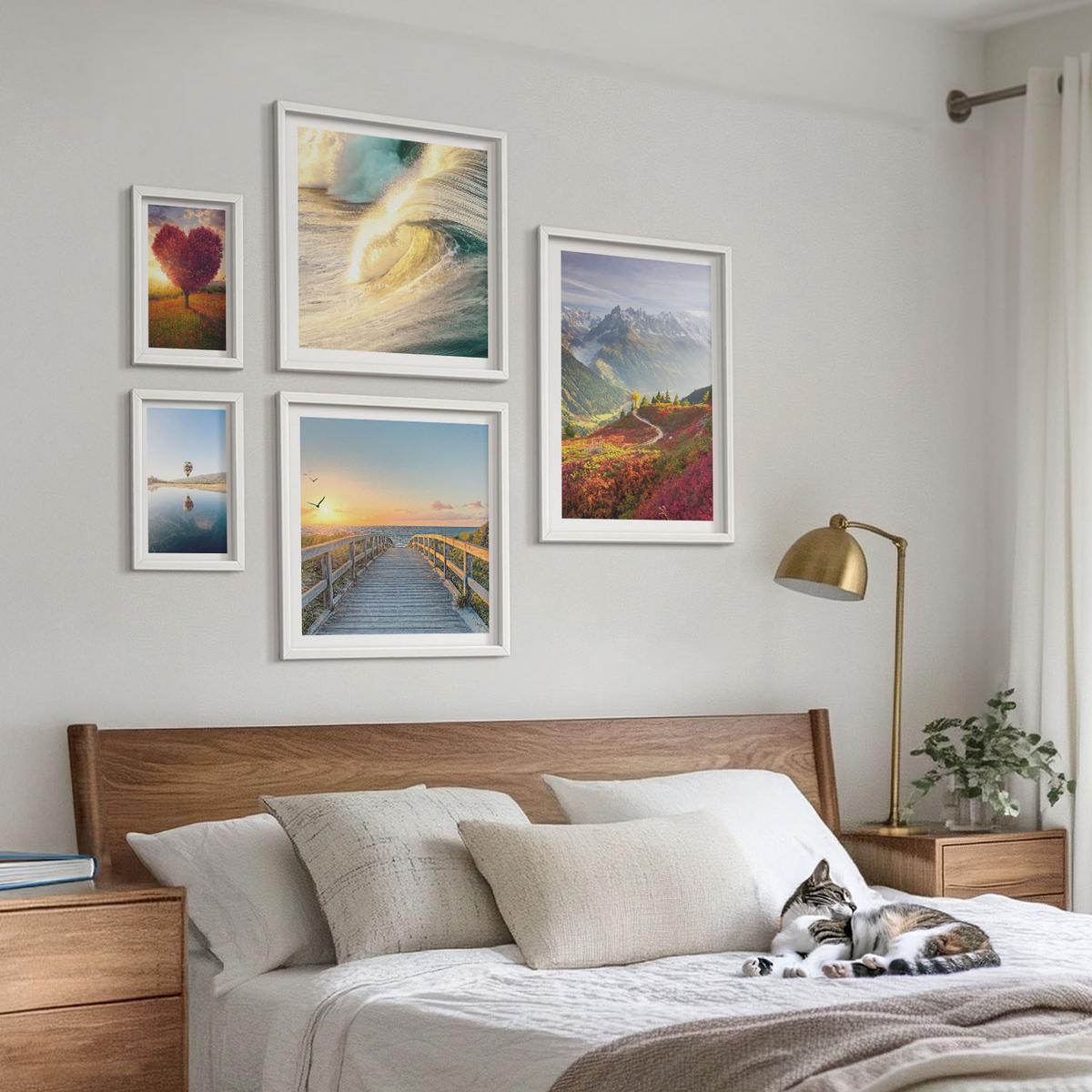 BILDER SET 5er Set - 50x50 cm & 20x30 cm & 40x60 cm Weißer Rahmen - Landschaften Berge Wellen Baum Herz Pier - Weiß, Kunststoff (40/60cm) - TULUP