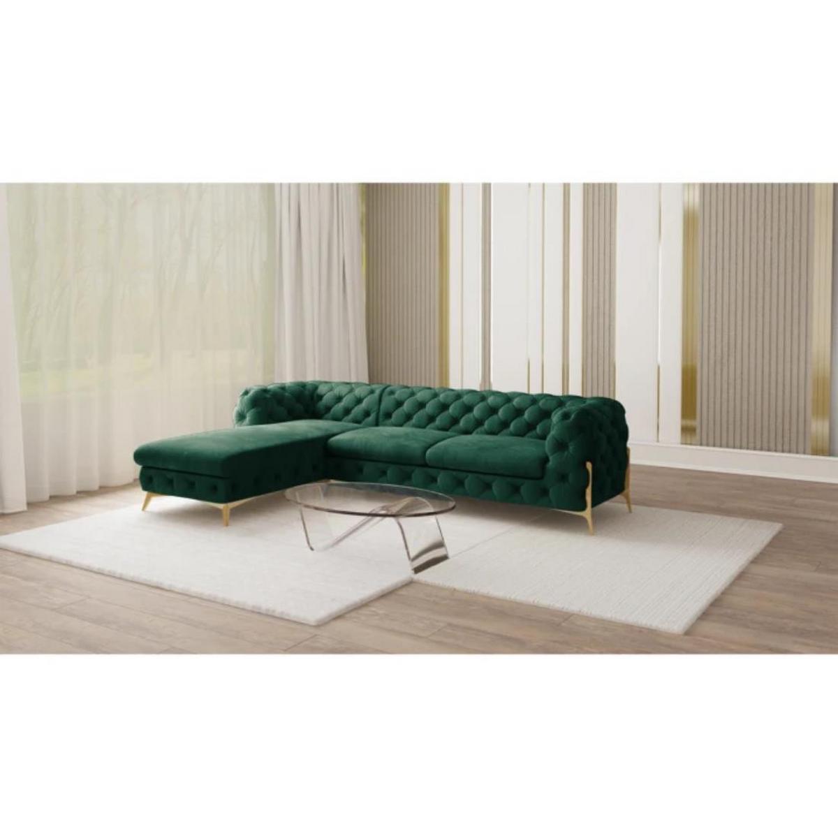 ECKSOFA Chesterfield Lexi Flasche Grün Samt, Ottomane links - Smaragdgrün/Goldfarben, Holz/Textil (305/200cm) - S-Style