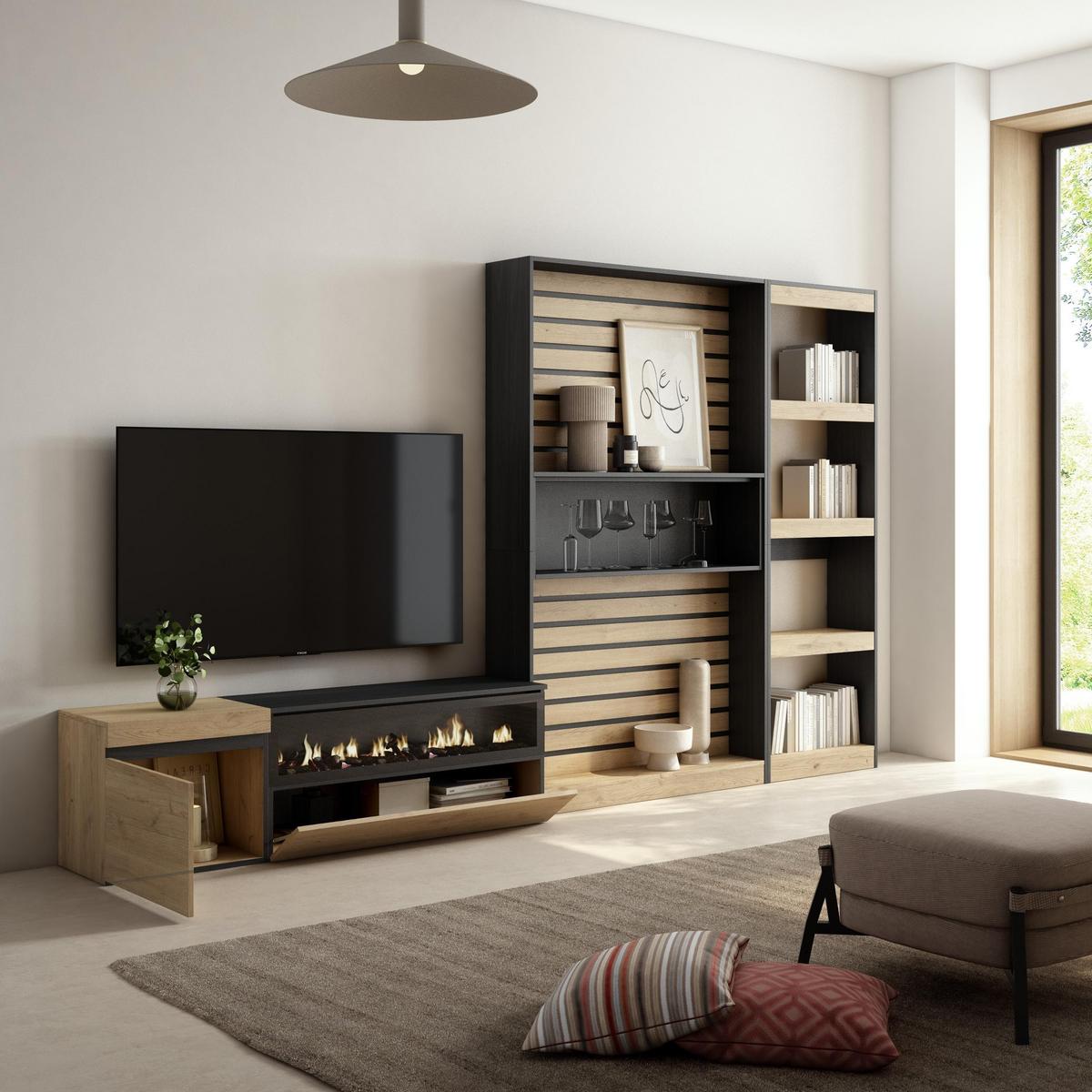 WOHNWAND Elektrokamin, eiche, schwarz, 320/35/186cm - Naturfarben, Holzwerkstoff (320/186/35cm) - Skraut Home