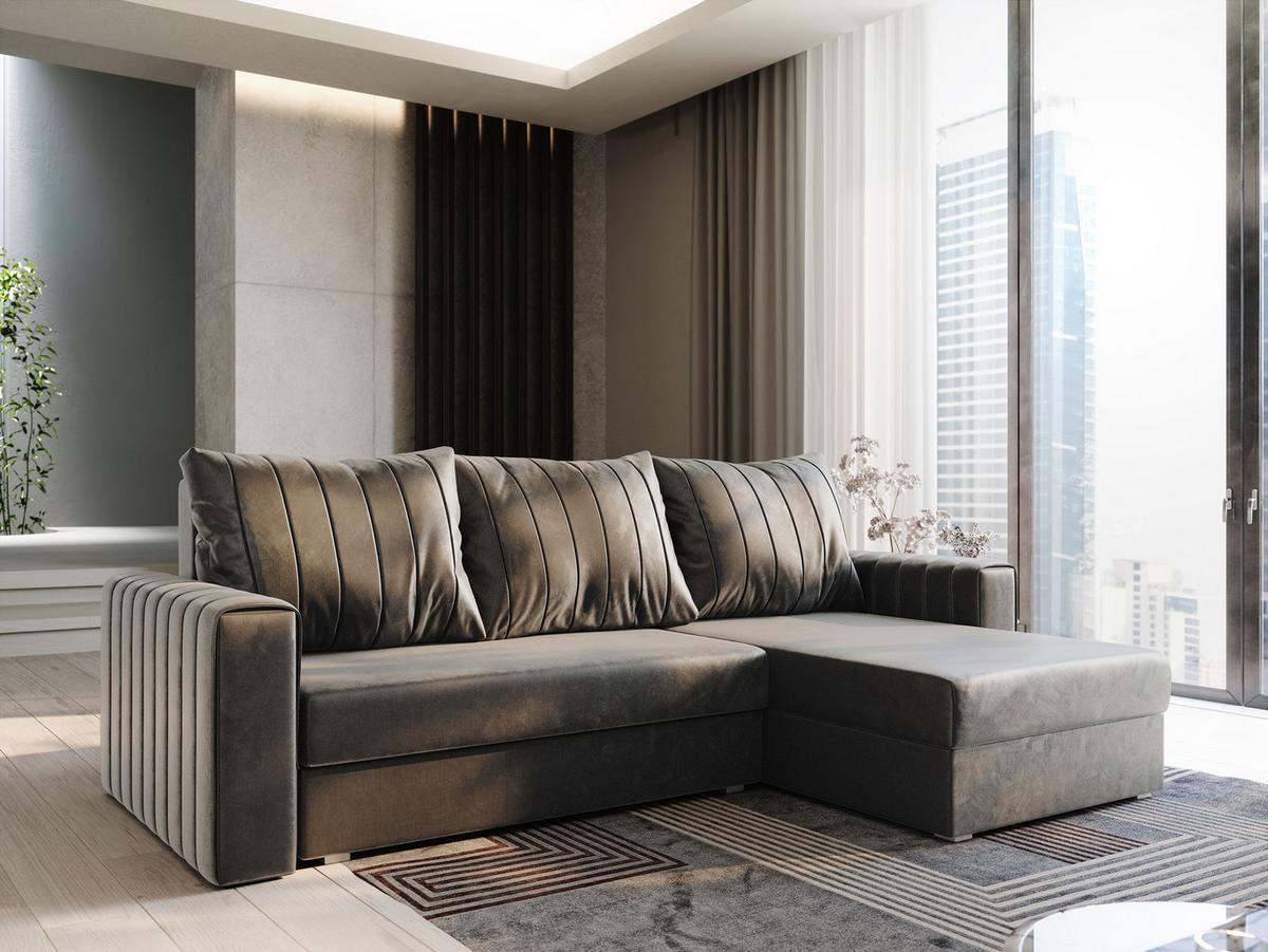 ECKSOFA CARL Grau Plüsch-Stoff mit Schlaffunktion - Grau, Holz/Kunststoff (236/150cm) - MASSENO