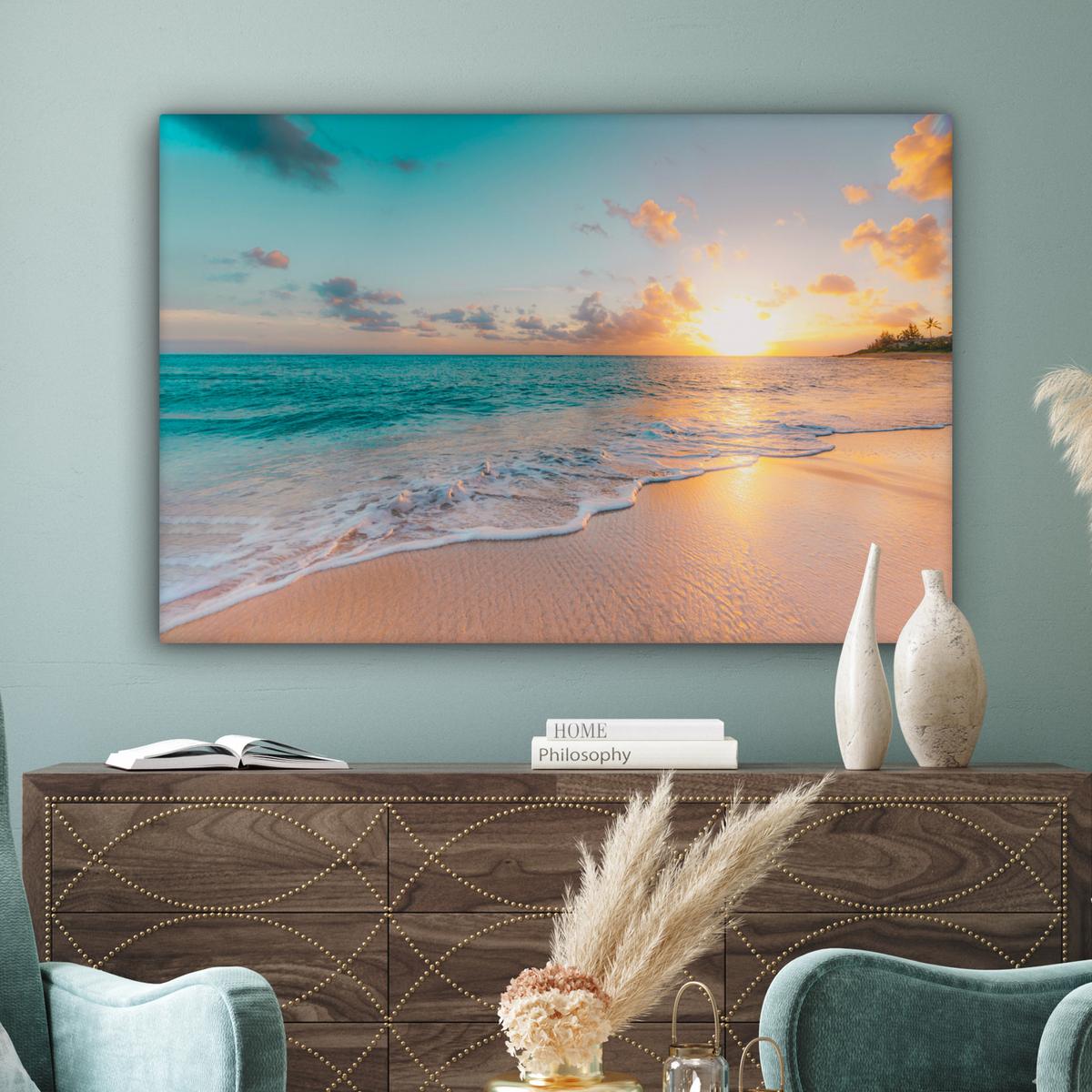 LEINWANDBILD Sonnenuntergang - Strand - Meer - Sommer - Blau Groß 140x90 cm - Multicolor, Textil (140/90cm) - MuchoWow