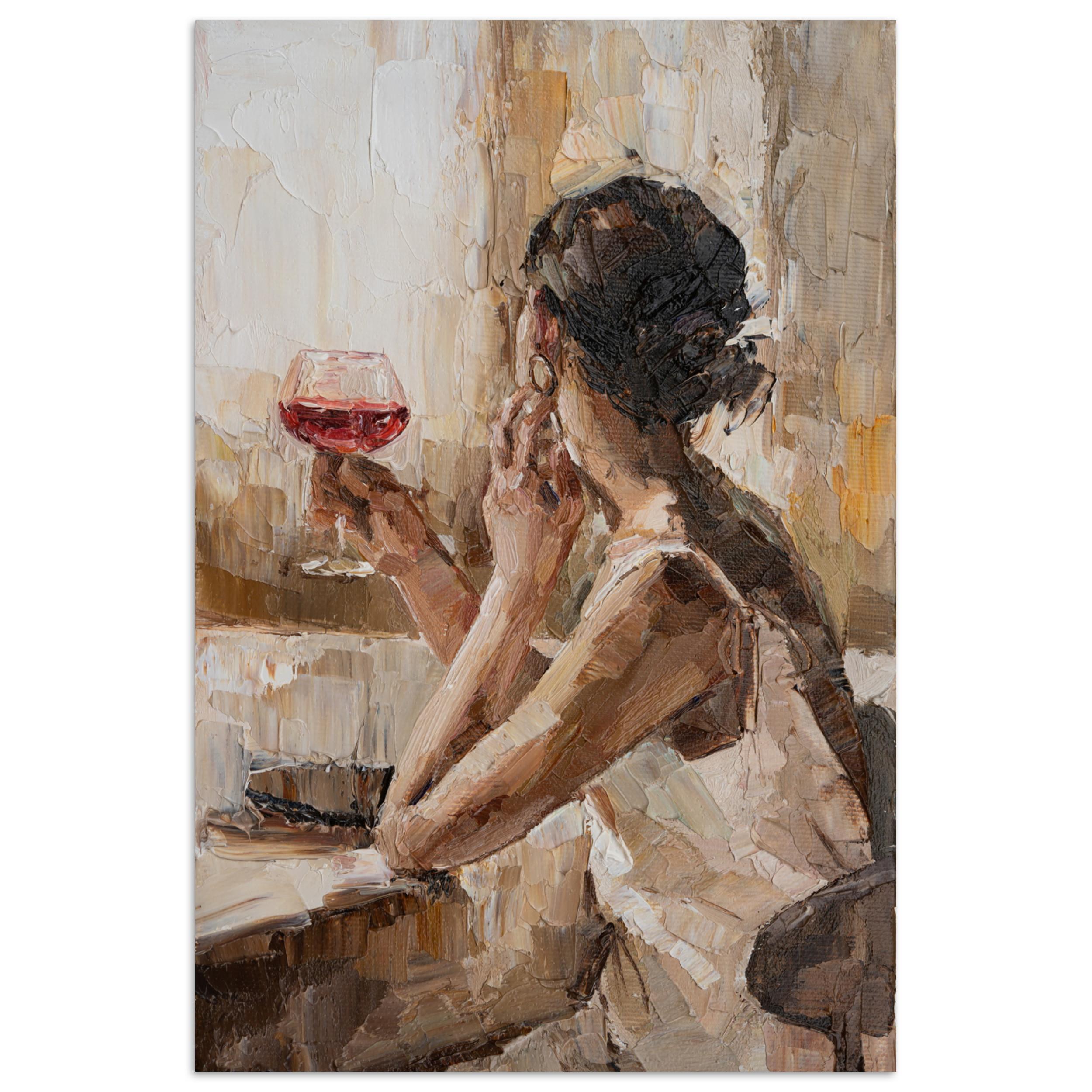 POSTER Ölgemälde - Frau - Wein Wandbild Schlafzimmer 80x120 cm - Hellbraun, Papier (80/120/0.1cm) - MuchoWow