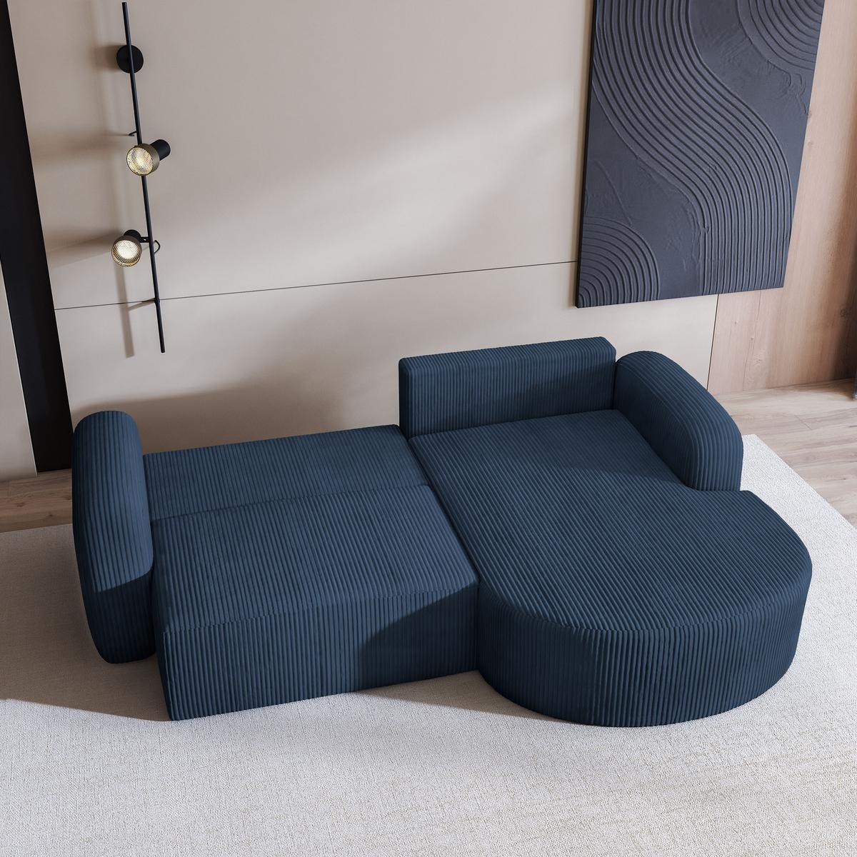 ECKSOFA AMILIA P R-S Blau Kordstoff mit Schlaffunktion - Blau, Holz (263/174cm) - MASSENO