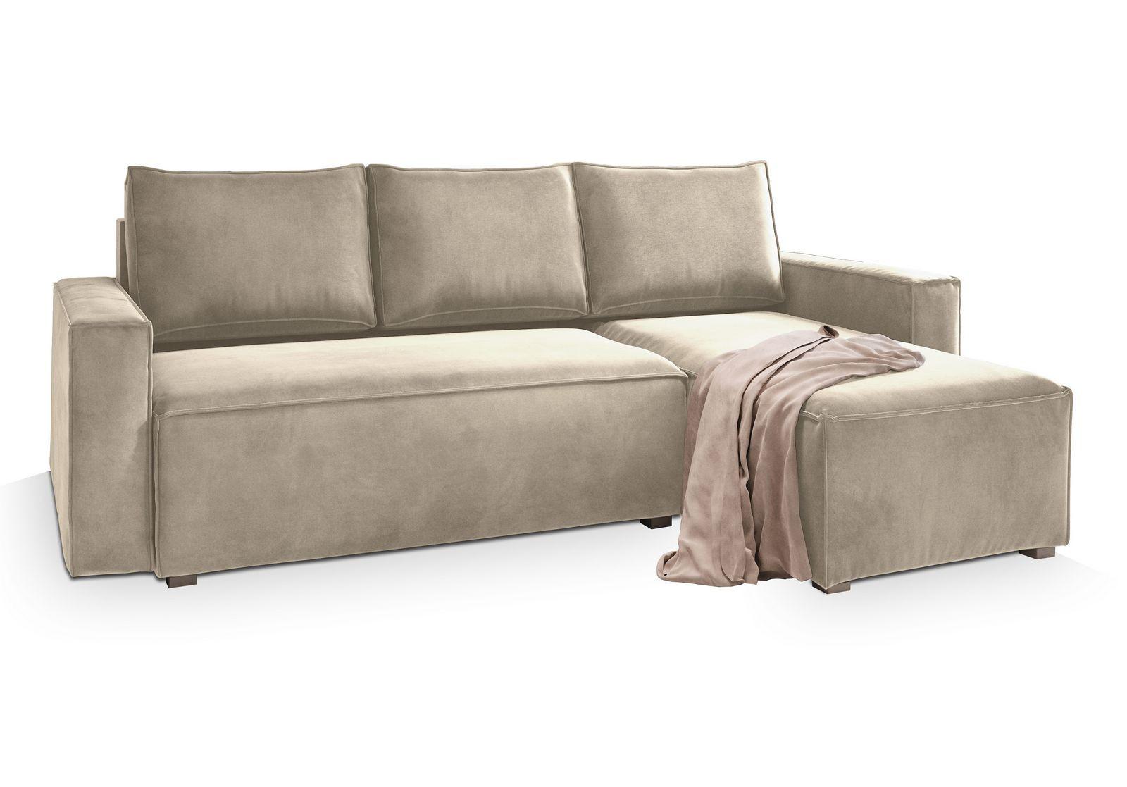 ECKSOFA SILES Creme Velours-Stoff mit Schlaffunktion - Creme/Grau, Holz/Kunststoff (230/140cm) - MASSENO