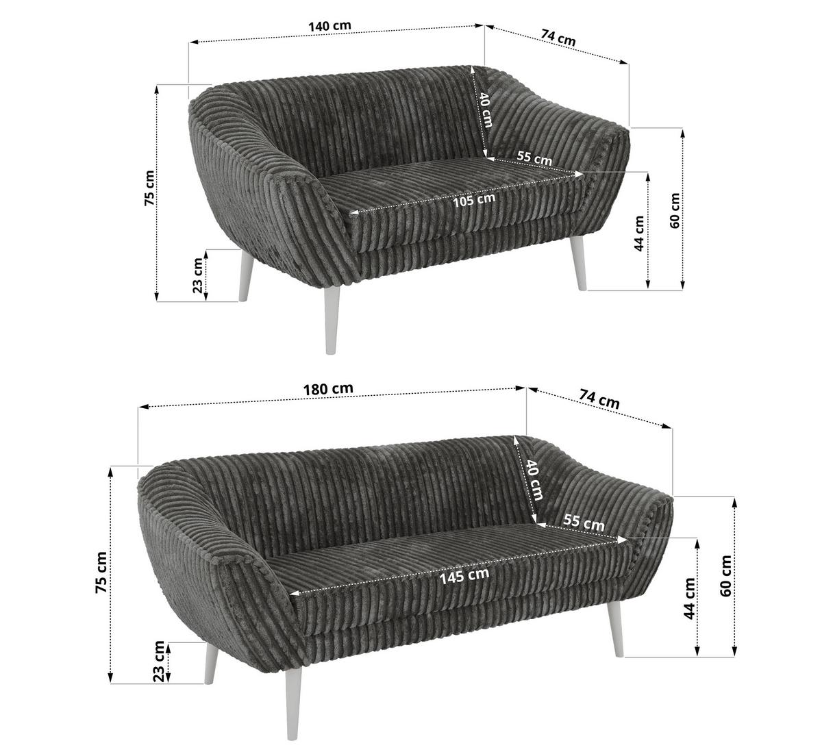 SITZGARNITUR PIRS 3+2 - Grau Cord - Weiße Beine - Weiß/Grau, Holzwerkstoff/Textil (180/75/74cm) - MKS