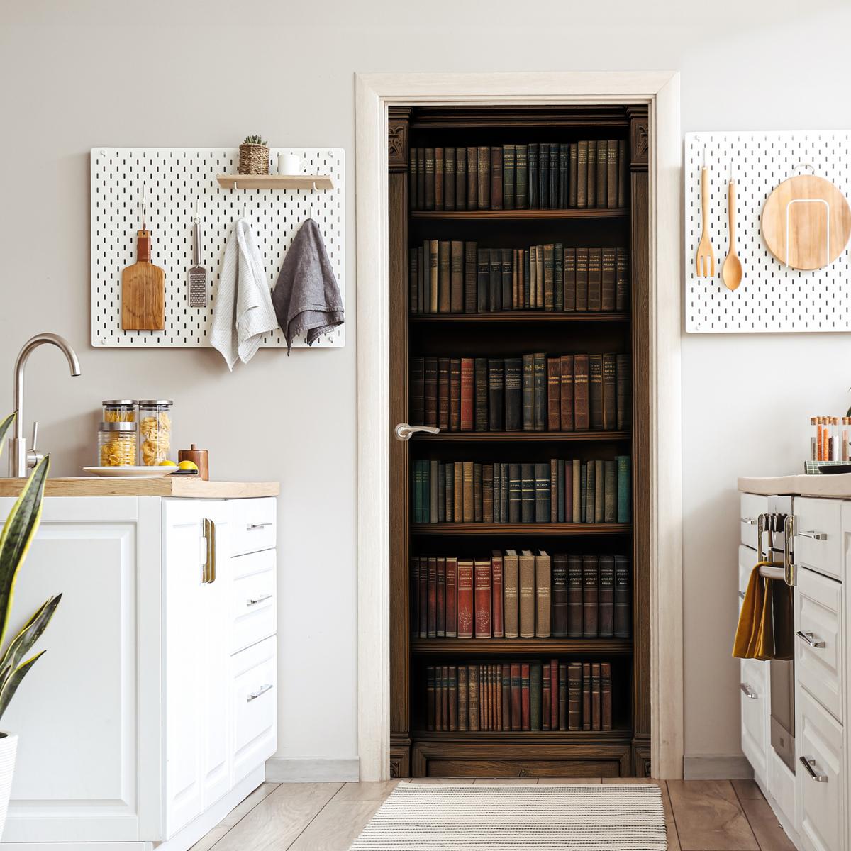TÜRAUFKLEBER Bücherregal - Vintage - Braun Fototapete selbstklebend 80x205 cm - Türtapete - Nussbaumfarben, Kunststoff (80/0.1cm) - MuchoWow
