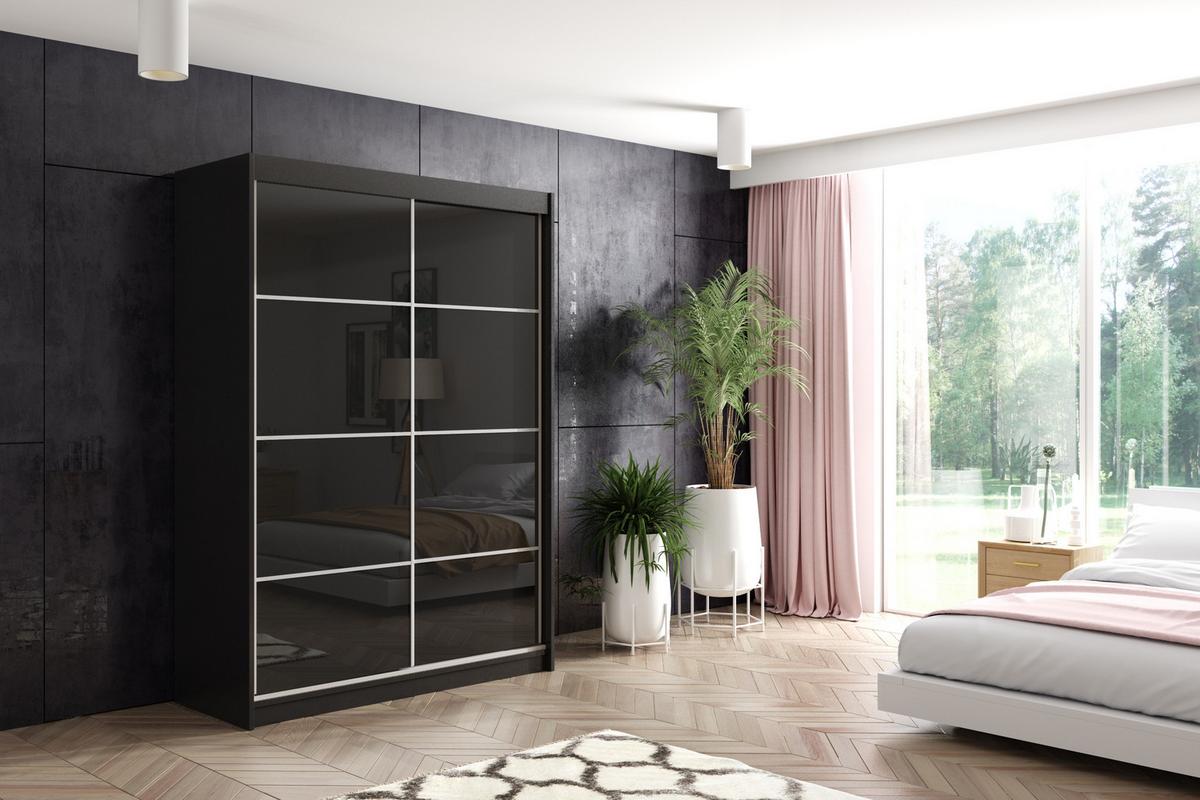 KLEIDERSCHRANK mit Lacobel-Schiebetüren und Aluminium-Leisten - VIVONA - 120 cm Schwarz - Schwarz, Holzwerkstoff (180/216/61cm) - ALTDECOR