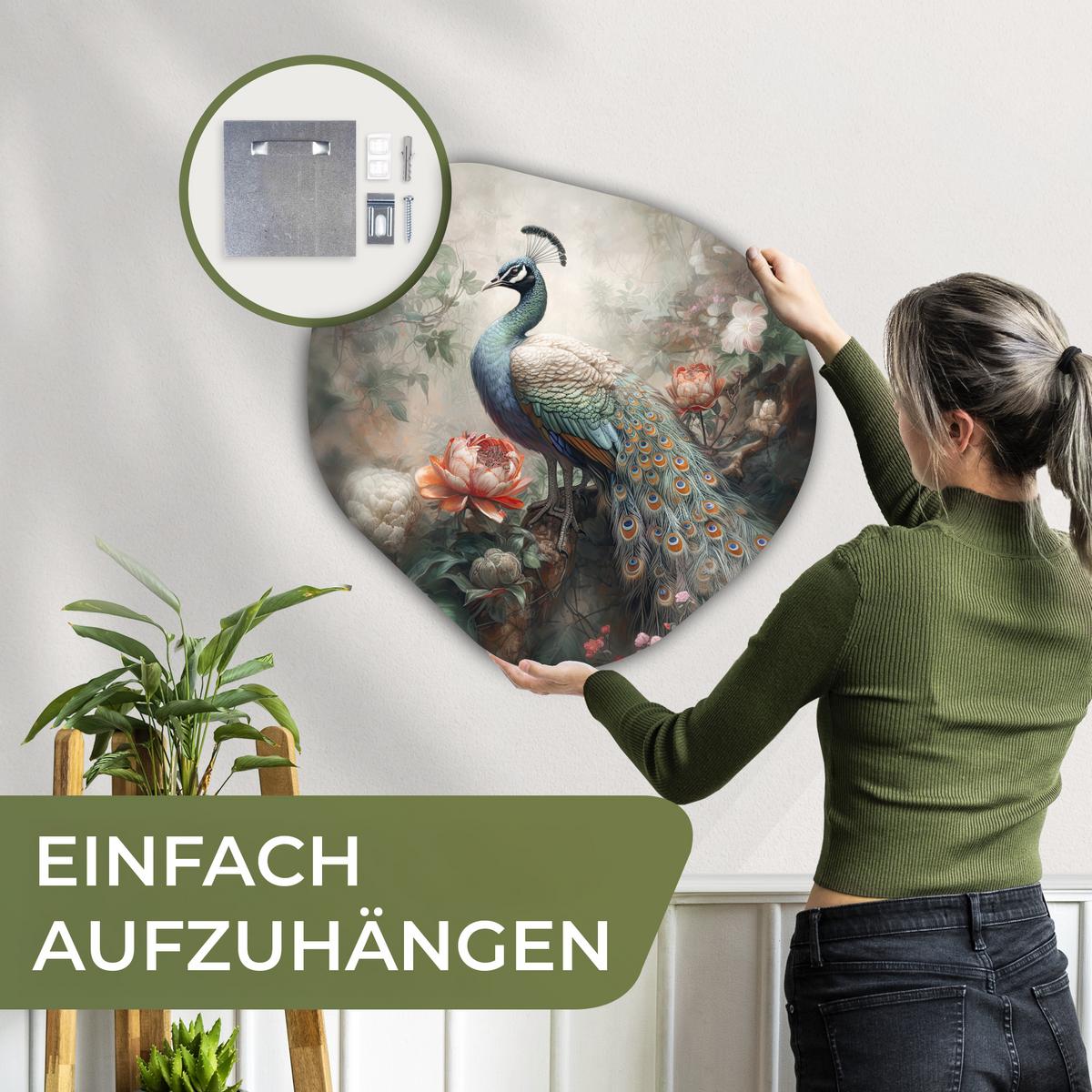 WANDBILD Pfau - Pfauenfedern - Vogel - Dschungel - Blumen Wandbild 60x60 cm - Smaragdgrün, Kunststoff (60/60cm) - MuchoWow