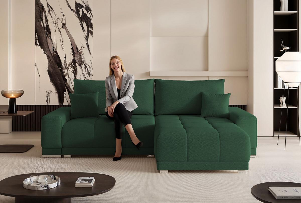 ECKSOFA TARA mit Schlaffunktion und Bettkasten Grün - Chromfarben/Grün, Kunststoff/Textil (261/178cm) - Idohome