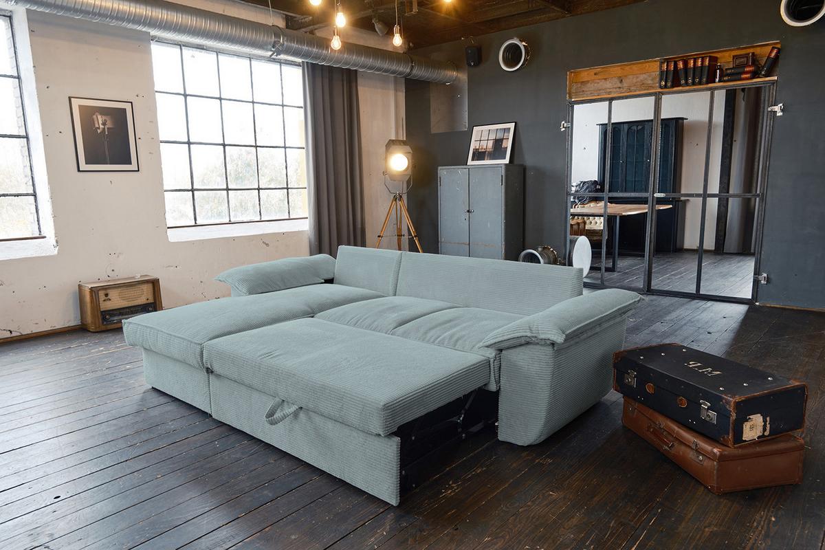 ECKSOFA DAMETO Hellblau Cord Mit Schlaffunktion - Schwarz/Hellblau, Kunststoff/Textil (266/174cm) - KAWOLA