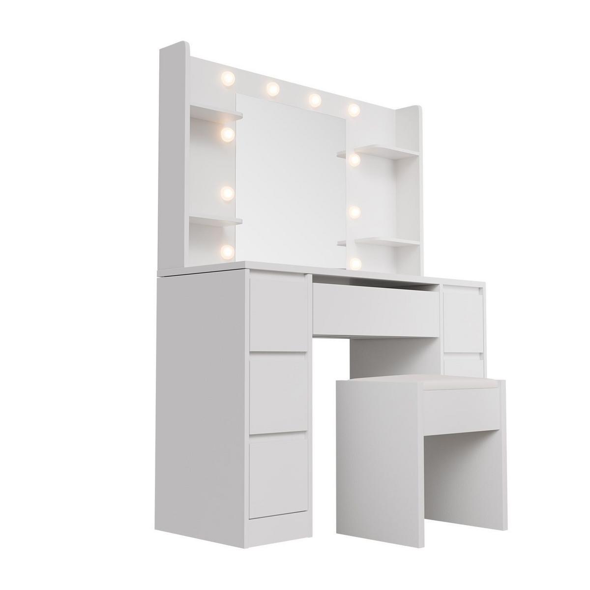 SCHMINKTISCH Malia mit LED und Hocker Melly - Weiß, Holz (107/140/40cm) - Juskys