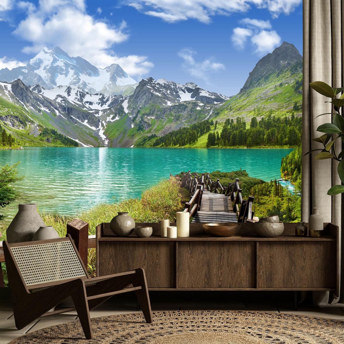 FOTOTAPETE für Wohnzimmer Holzsteg Bergsee Pflanzen Ruhe 200x140 - Türkis/Blau, Papier (200/140cm) - Muralo