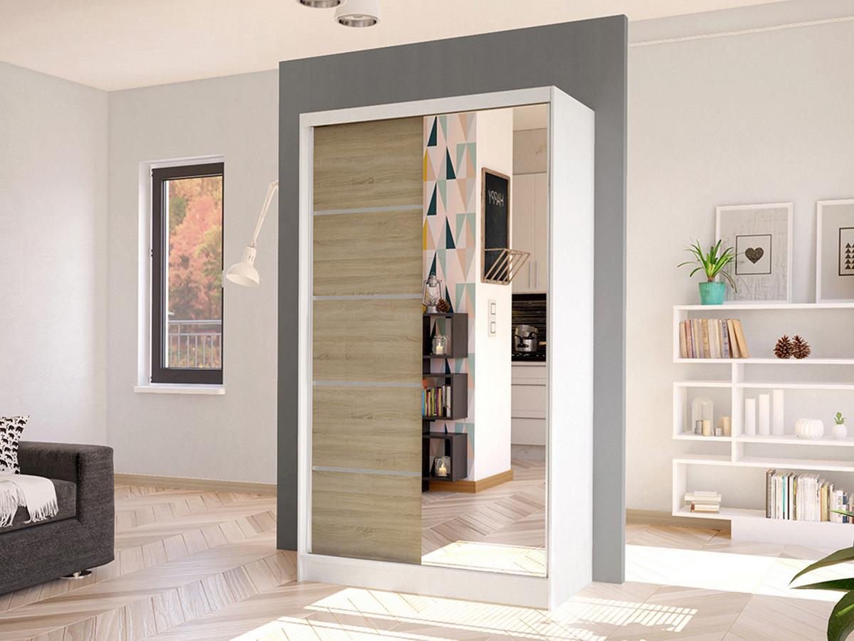 SCHWEBETÜRENSCHRANK Diego III - Weiß/Sonoma Eiche, Holzwerkstoff/Metall (100/200/58cm) - MIRJAN24
