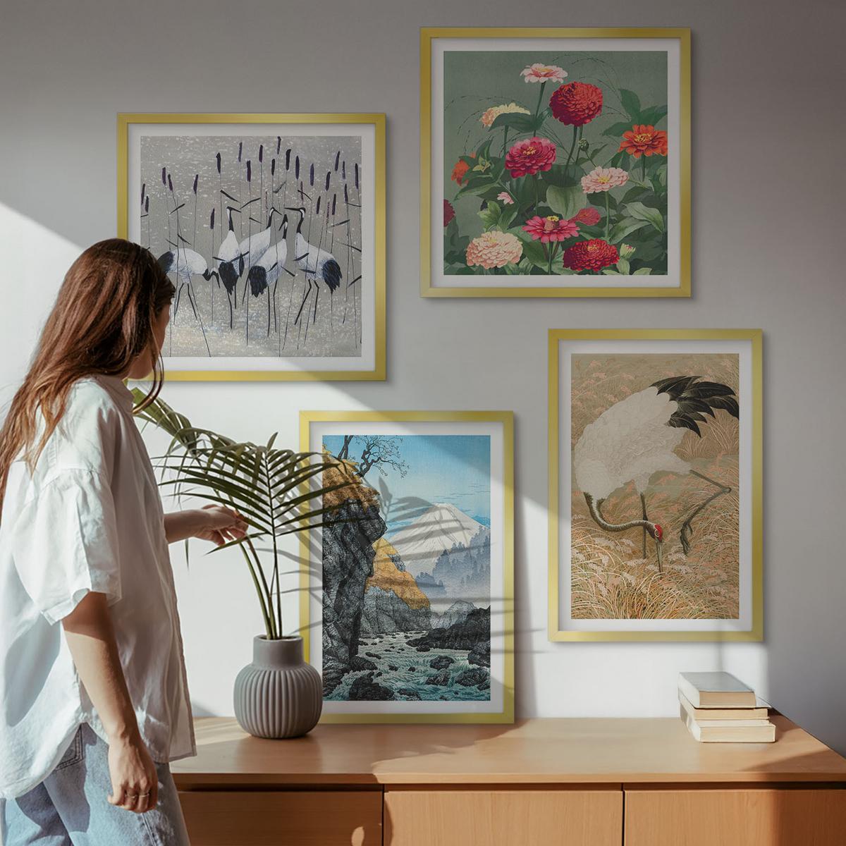 BILDER SET 4er Set - 50x50 cm & 40x60 cm Goldrahmen - Berge, Fluss, Blumen, Kraniche - Goldfarben, Kunststoff (50/50cm) - TULUP