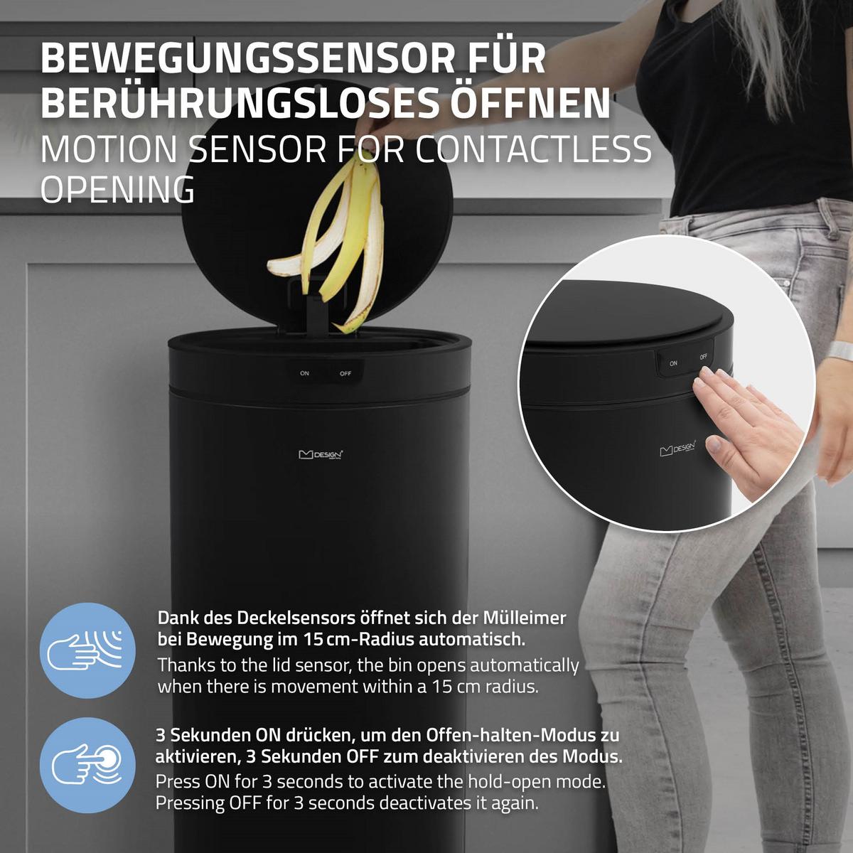 MÜLLEIMER mit Sensor 40L rund aus Stahl Schwarz - Schwarz, Metall (29/68/29cm) - ML-DESIGN