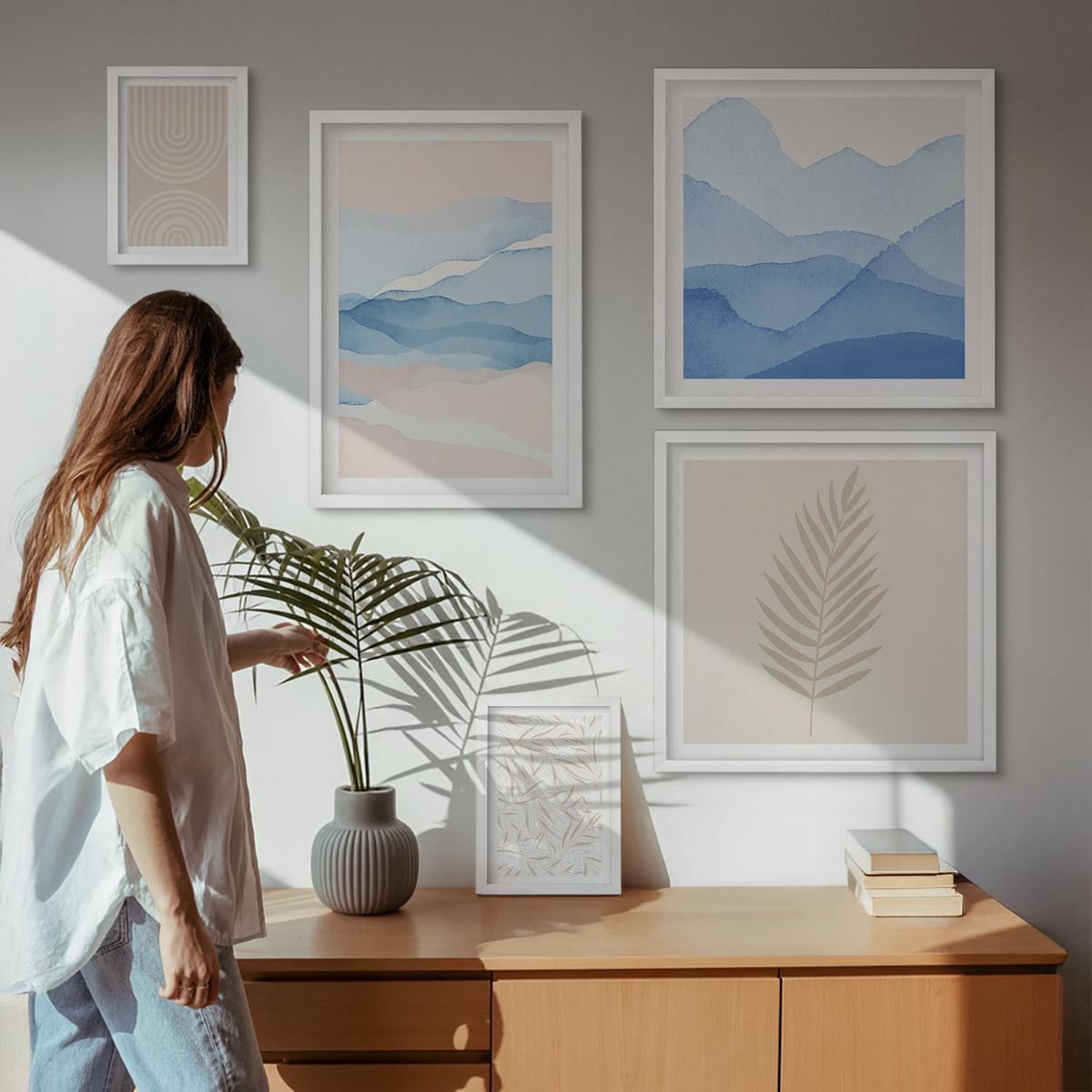 BILDER SET 5er Set - 50x50 cm & 20x30 cm & 40x60 cm Weißer Rahmen - Blätterwellen beige blau - Weiß, Kunststoff (40/60cm) - TULUP