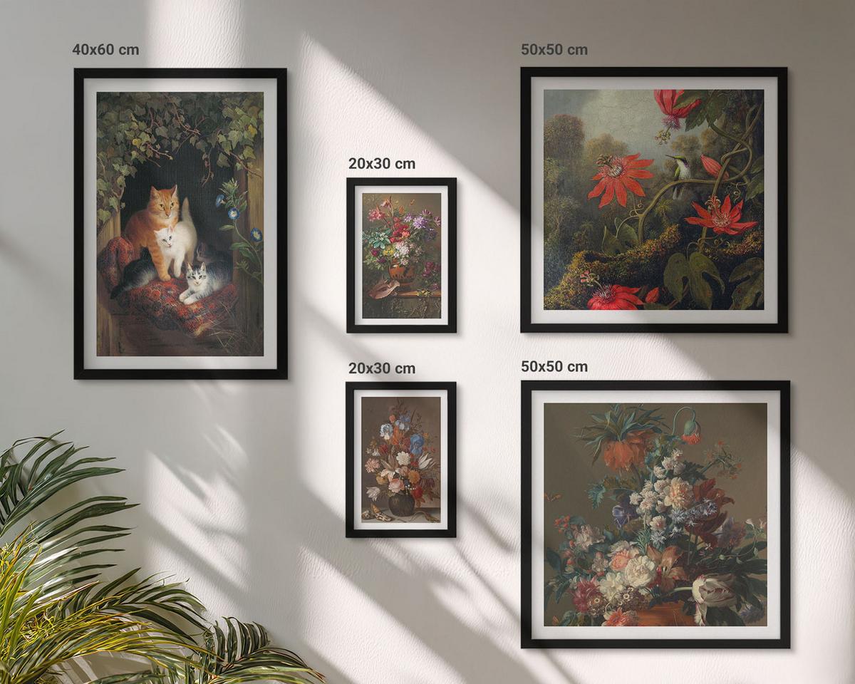 BILDER SET 5er Set - 50x50 cm & 20x30 cm & 40x60 cm Schwarzer Rahmen - Vintage-Blumen, Katzen, Pflanzen - Schwarz, Kunststoff (40/60cm) - TULUP