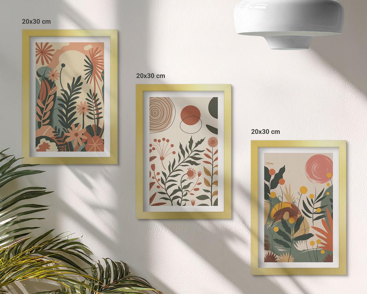 BILDER SET 3er Set - 20x30 cm Goldrahmen - Vintage-Pflanzenmuster in Pastellfarben - Goldfarben, Kunststoff (20/30cm) - TULUP