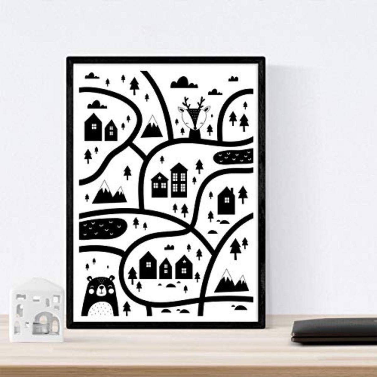 POSTER Set mit 4 „Stadt, Stadt, Wüste Kaktus und CloudHerzen“ Tiere A4 Schwarzer Rahmen - Schwarz, Papier (29.7/3cm) - Nacnic