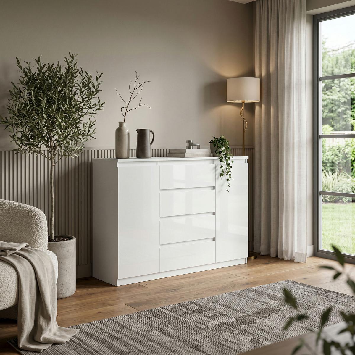 KOMMODE NUDO 138,5/101,5/39cm mit 4 Schubladen 2 Türen Weiß - Weiß Hochglanz/Weiß, Holzwerkstoff (138.5/101.5/39cm) - MASSENO