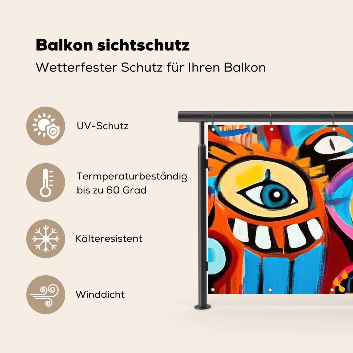BALKON-SICHTSCHUTZ Abstrakt - Gesicht - Farbenfroh Witterungsbeständig 200x90 cm - Multicolor, Kunststoff (200/90cm) - MuchoWow