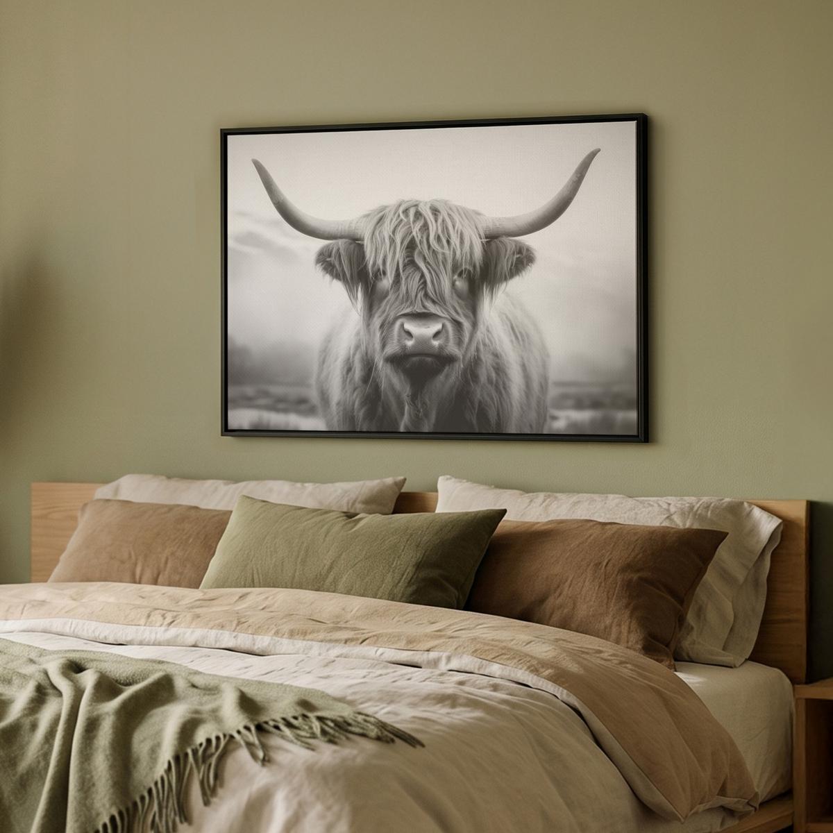 LEINWAND Bilder mit Rahmen - Schottischer Highlander - Nebel - Schwarz - Weiß - 70x50 - Grau, Textil (70/50cm) - MuchoWow