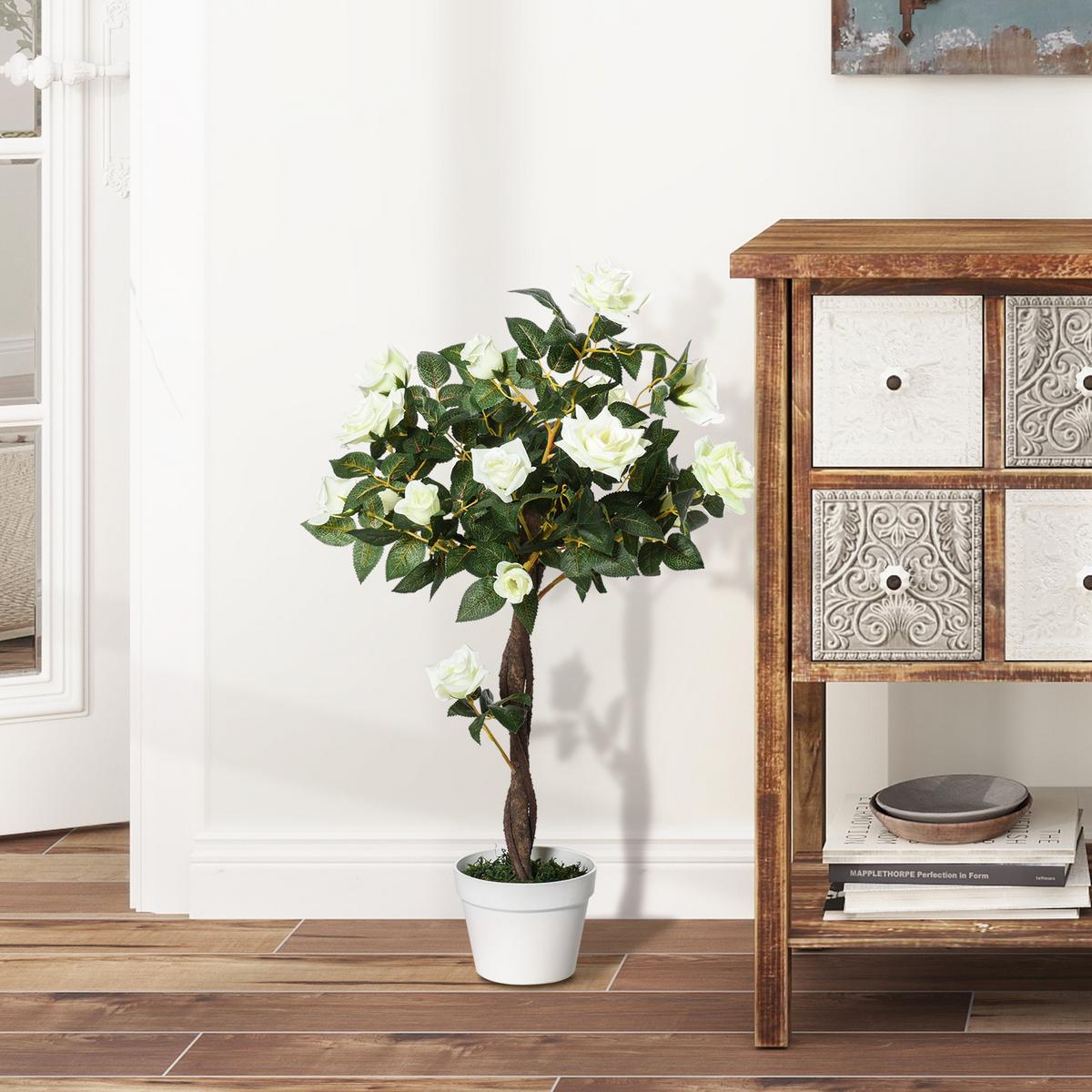 KÜNSTLICHE Rosenpflanzen groß 90 cm Kunstpflanze Rosenbaum für Wohnzimmer - Weiß, Kunststoff (90cm) - Outsunny