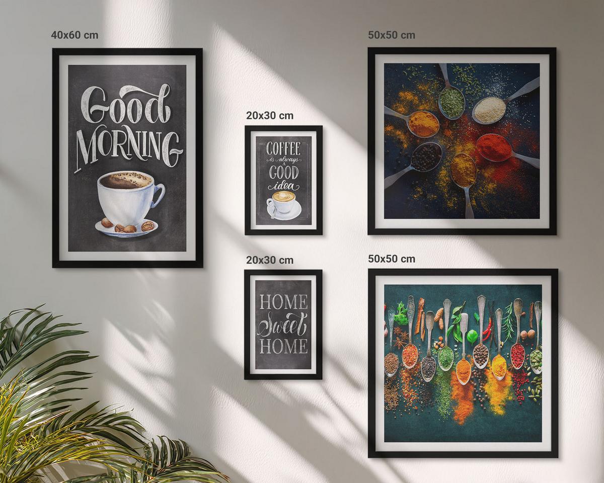 BILDER SET 5er Set - 50x50 cm & 20x30 cm & 40x60 cm Schwarzer Rahmen - Gewürze, Kaffee, Tasse, Kräuter - Schwarz, Kunststoff (40/60cm) - TULUP