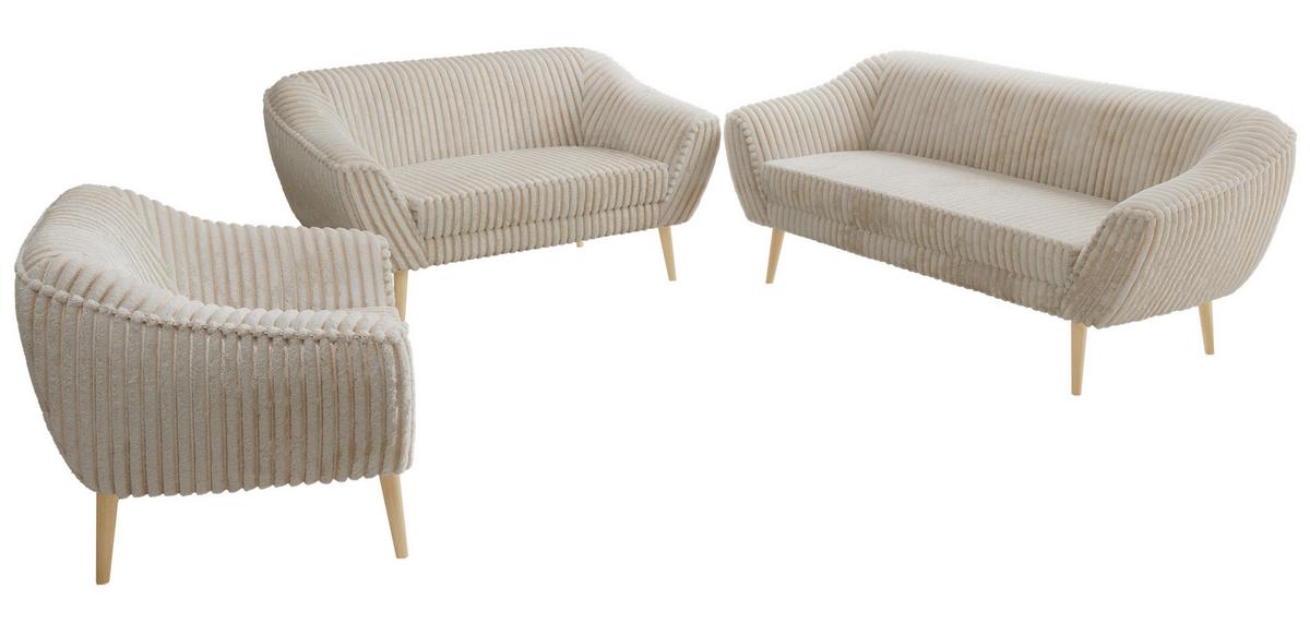 SITZGARNITUR PIRS 3+2+1 - Beige Cord - Holzbeine - Beige/Buchefarben, Holzwerkstoff/Textil (180/75/74cm) - MKS
