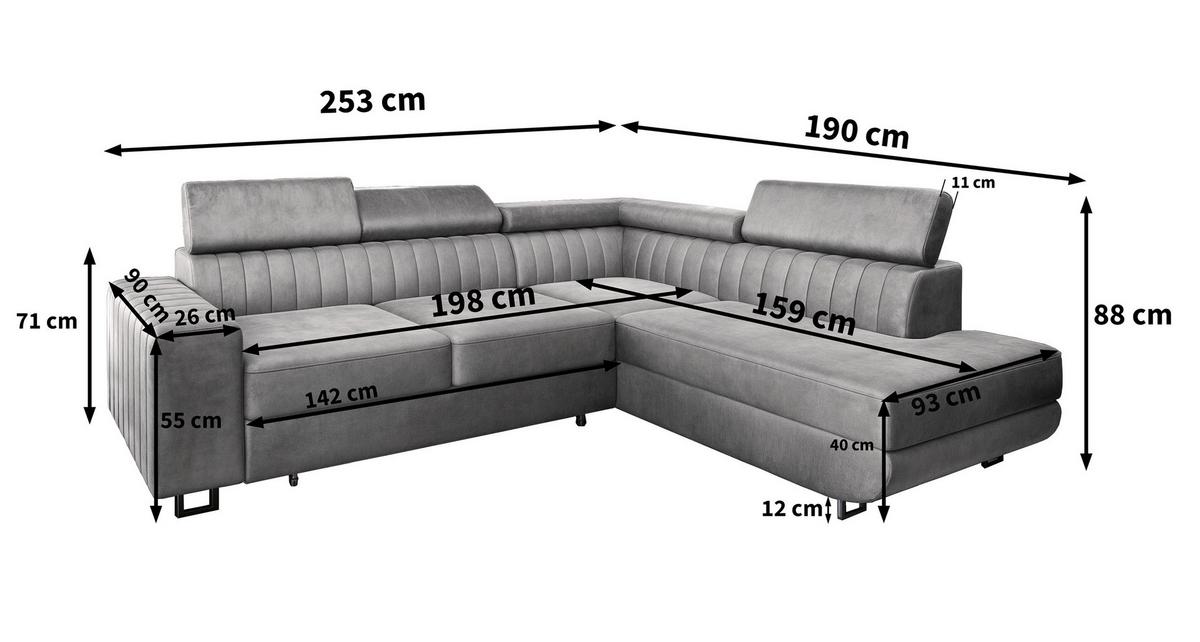 ECKSOFA NOLA R-S Schwarz Velours-Stoff mit Schlaffunktion - Silberfarben/Schwarz, Holz/Textil (253/190cm) - MASSENO