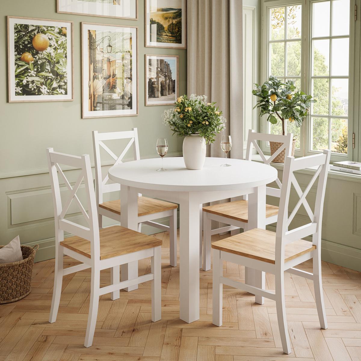 ESSZIMMERSET OLEA Tisch + 4 Stühle - Eichefarben/Weiß, Holzwerkstoff (100/77/100cm) - Lookway