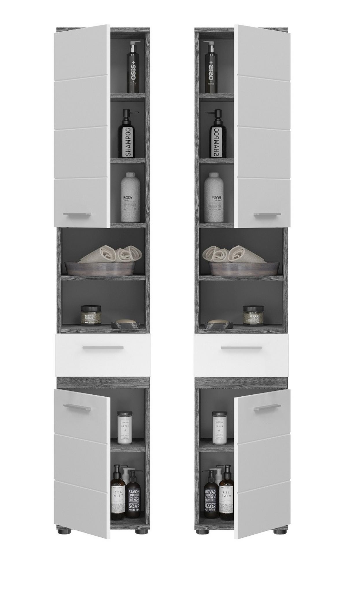 HOCHSCHRANK weiß Hochglanz, grau 35 cm, Badschrank mit 6 Fächern - Weiß Hochglanz/Silberfarben, Holzwerkstoff/Kunststoff (35/191/31cm) - Inn.Furn