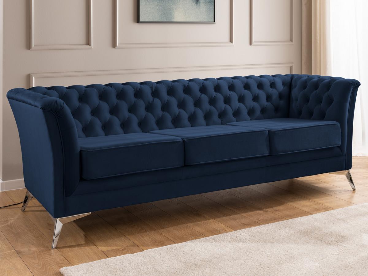 CHESTERFIELD-SOFA 3-sitzer Whitby Marineblau Samt mit silbernen Füßen - Silberfarben/Dunkelblau, Holz/Textil (237/78/82cm) - S-Style Möbel