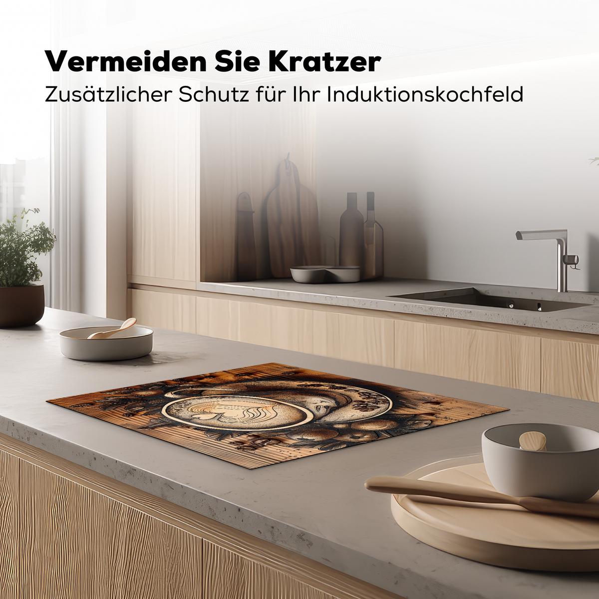 HERDABDECKPLATTE Kaffee - Vintage - Braun - Tasse - Holz Herdabdeckung Induktionsfeld 65x52 cm - Cappuccino, Kunststoff (65/52/0.2cm) - MuchoWow