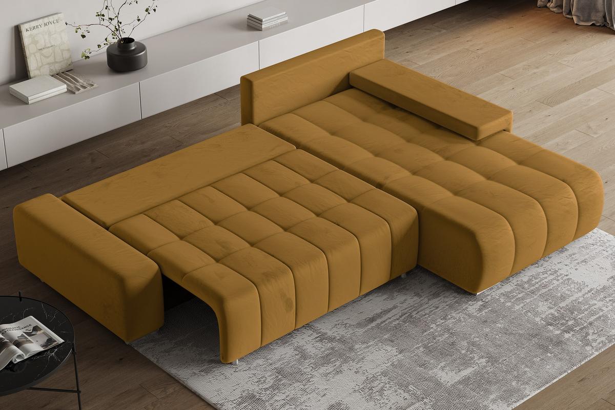 ECKSOFA ALESE R-S Gelb Velours-Stoff mit Schlaffunktion - Gelb/Silberfarben, Holz/Textil (265/185cm) - MASSENO