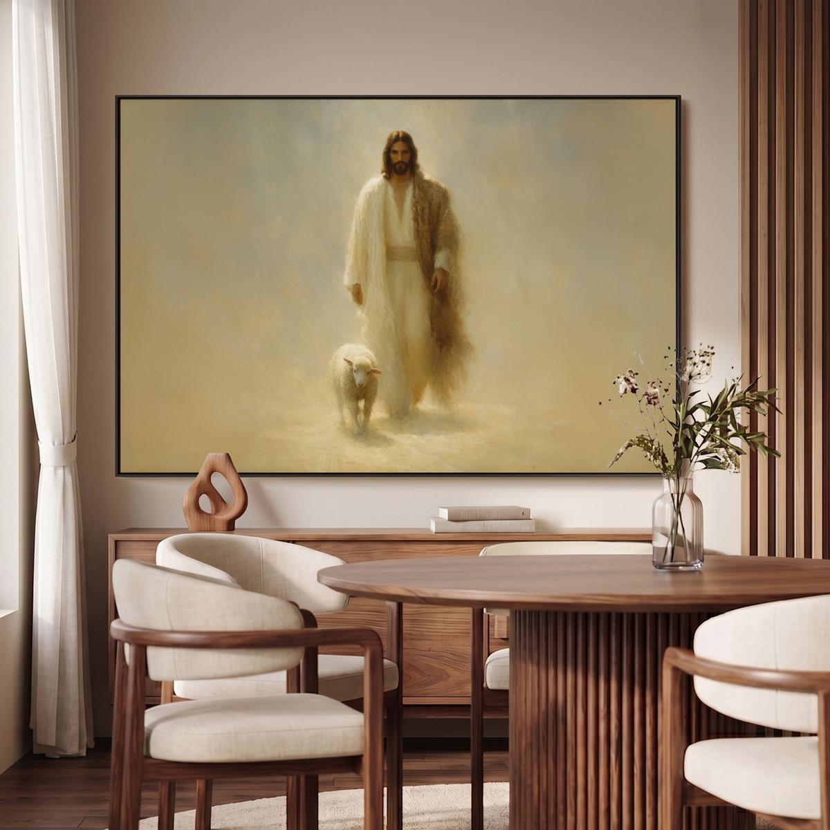 LEINWAND Bilder mit Rahmen - Schaf - Jesus - Pinselstriche - Abstrakt - 120x80 - Beige, Textil (120/80cm) - MuchoWow